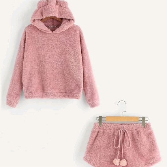 Cartoon Print Teddy Coat and Shorts Pijama Set - Picture 3 of 6